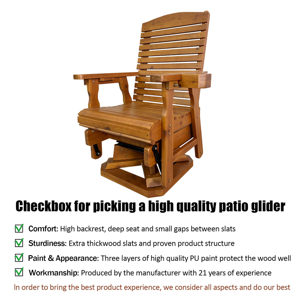 Wooden Swivel Glider Chair, 360° Outdoor Patio Rocker with Ergonomic Design, Smooth Gliding Motion, Solid Fir Wood, Weather-Resistant PU Finish, Heavy Duty 500 LBS