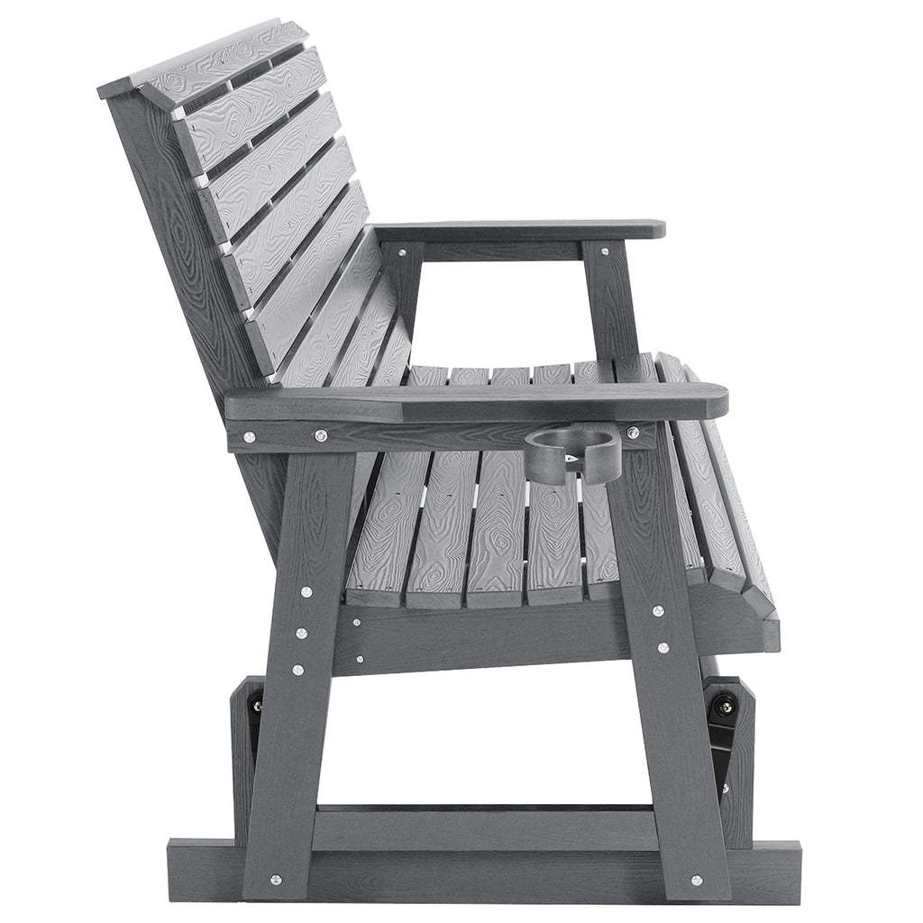 HIPS Patio Glider with Cup Holders, Durable Poly Lumber Material, All-Weather Resistant, High Backrest and Deep Contoured Seat, Ladder Back, Heavy Duty 900 LB, for Outdoor, Patio (Gray, 3-Seat)