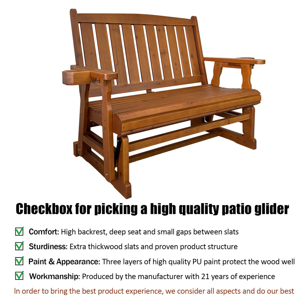 Fortune Candy Wooden Patio Glider, with Cup Holders, High Back and Deep Contoured Seat, Solid Fir Wood, Heavy Duty 800 LBS (Teak Tone, 2-Seater)