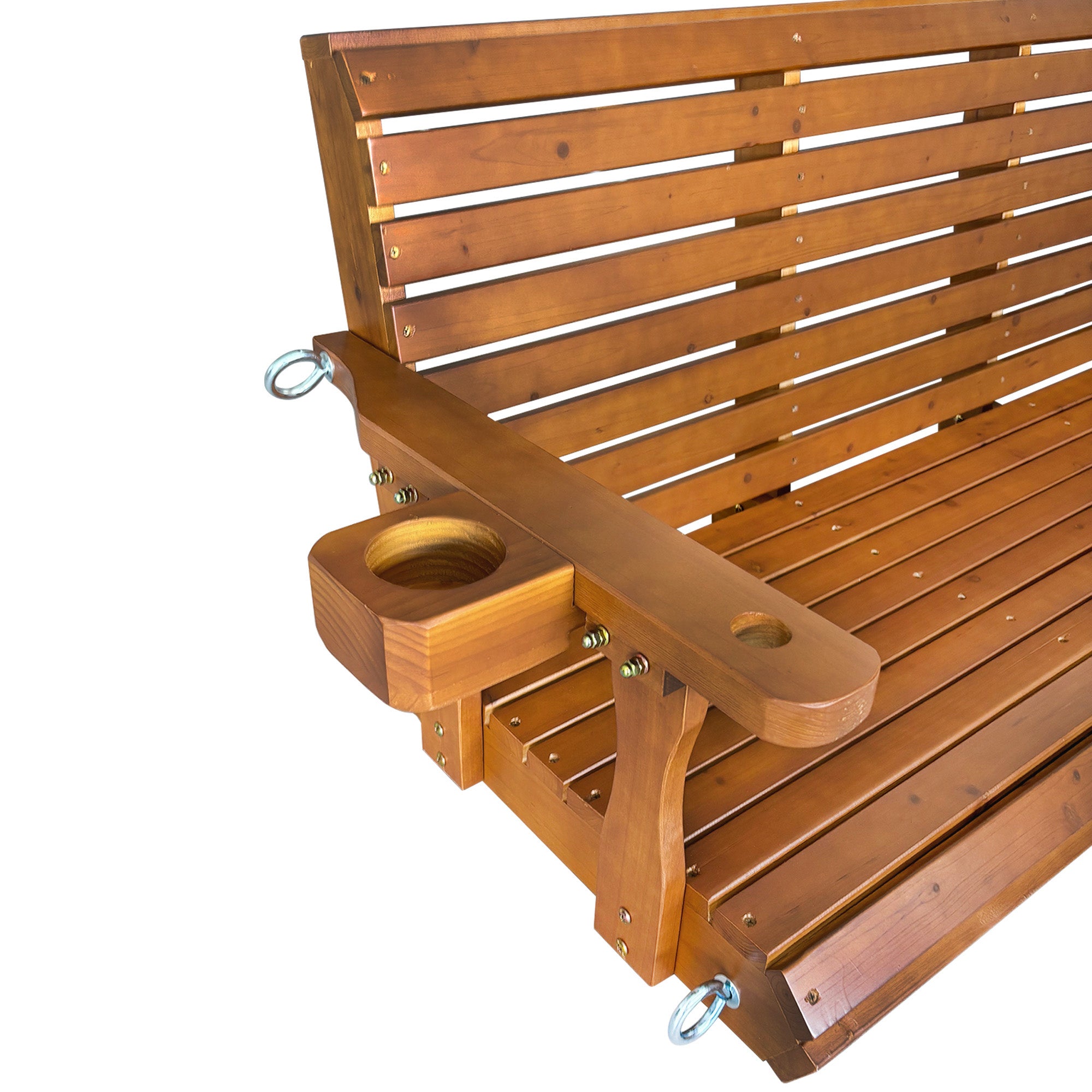 Wooden Porch Swing 2-Seater, Bench Swing with Cupholders, Hanging Chains and 7mm Springs, Heavy Duty 800 LBS, for Outdoor Patio Garden (Warm Teak Color, 5 FT Extra Large)