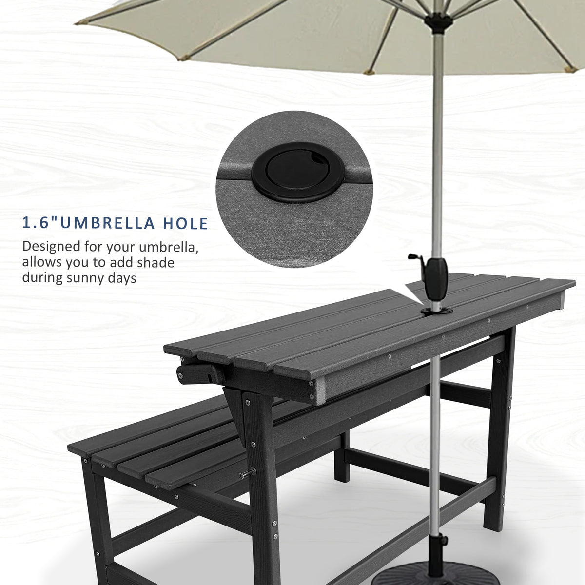 HDPE Convertible Bench Dinning Table with Umbrella Hole for Garden,Patio,Backyard