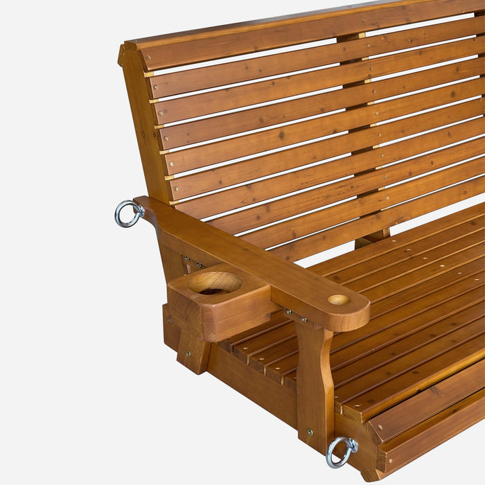 Wooden Porch Swing 2-Seater, High Backrest and Deep Seat, Bench Swing with Cupholders, Hanging Chains and 7mm Springs, Heavy Duty 880 LBS, for Outdoor Patio Garden (Cedar Tone - 4 FT Extra Large)