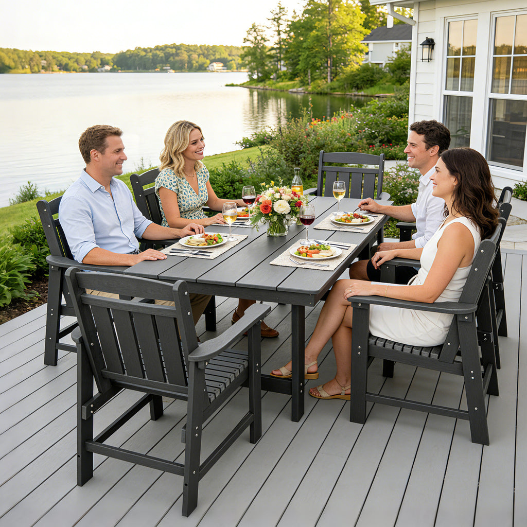 Modern HDPE Patio Dining Set, Poly Lumber Table and Chair, with Umbrella Hole, Weather Resistant, for Outdoor, Yard, Lawn (7 Piece)