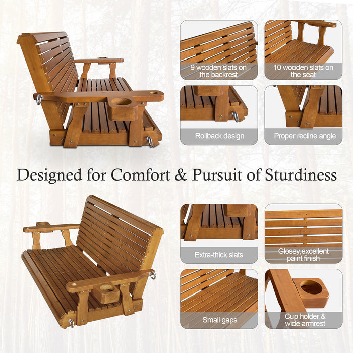 Wooden Porch Swing 2-Seater, High Backrest and Deep Seat, Bench Swing with Cupholders, Hanging Chains and 7mm Springs, Heavy Duty 880 LBS, for Outdoor Patio Garden (Cedar Tone - 4 FT Extra Large)
