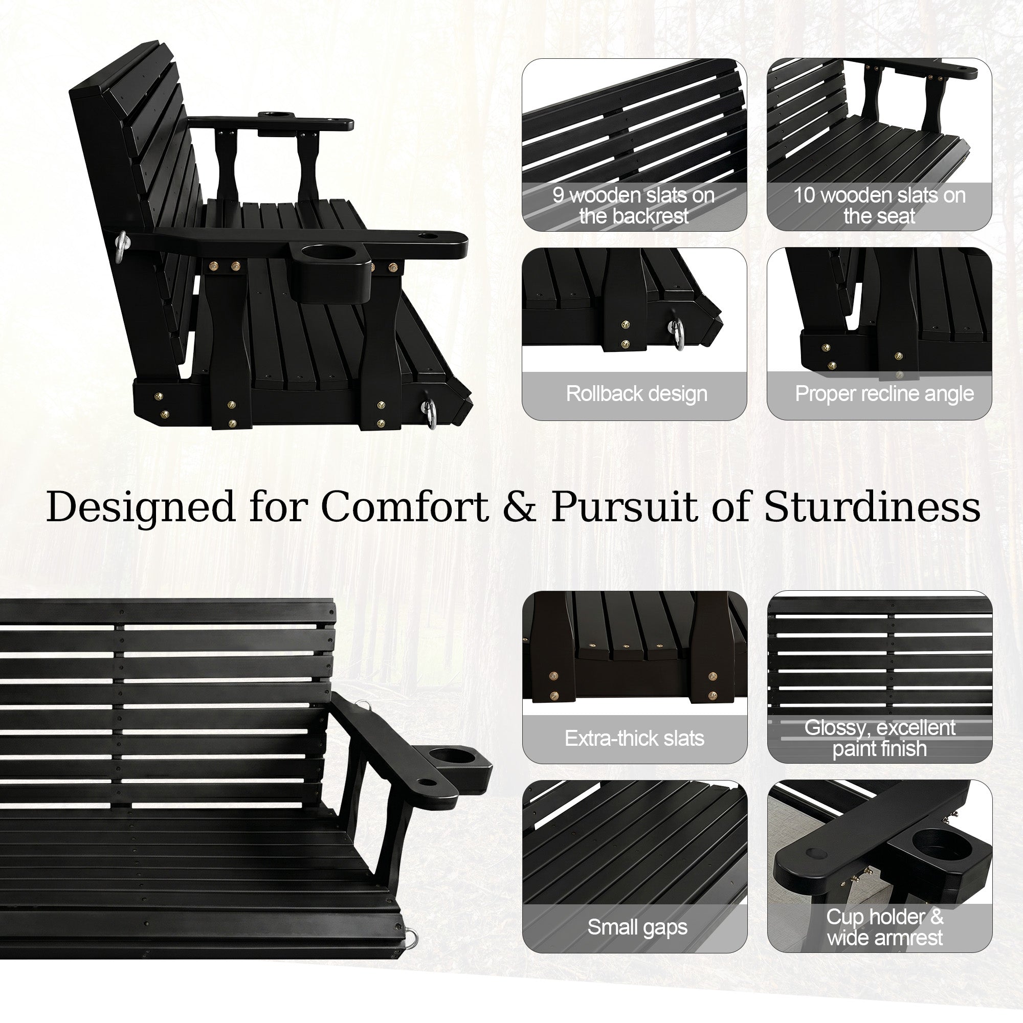 Fortune Candy Extended 3-Seater Wooden Porch Swing with Seat Cushion, Cup Holders, Hanging Chains and 7mm Springs, Heavy Duty 880 LBS (Black, 5.5 FT)