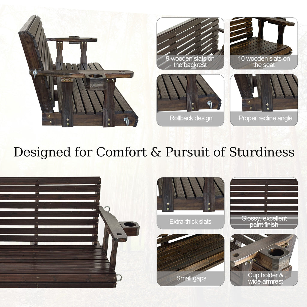 Fortune Candy Extended 3-Seater Wooden Porch Swing with Seat Cushion, Cup Holders, Hanging Chains and 7mm Springs, Heavy Duty 880 LBS (Deep Brown, 5.5 FT)