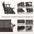 Fortune Candy Extended 3-Seater Wooden Porch Swing with Seat Cushion, Cup Holders, Hanging Chains and 7mm Springs, Heavy Duty 880 LBS (Deep Brown, 5.5 FT)