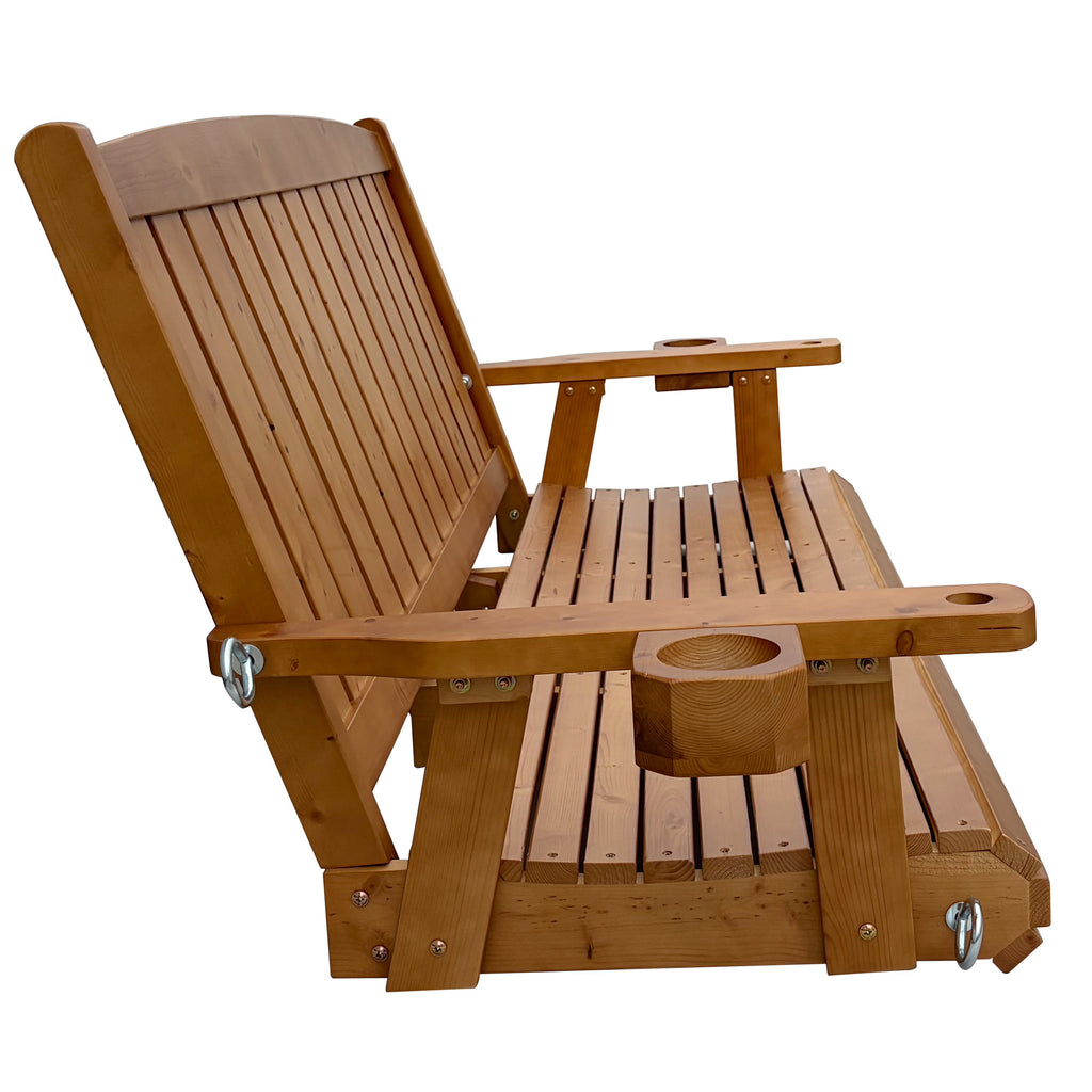 Wooden Porch Swing 3-Seater, Bench Swing with Cupholders, Heavy Duty 800 LBS, for Outdoor Patio Garden (Warm Teak Color, 5 FT Extra Large)