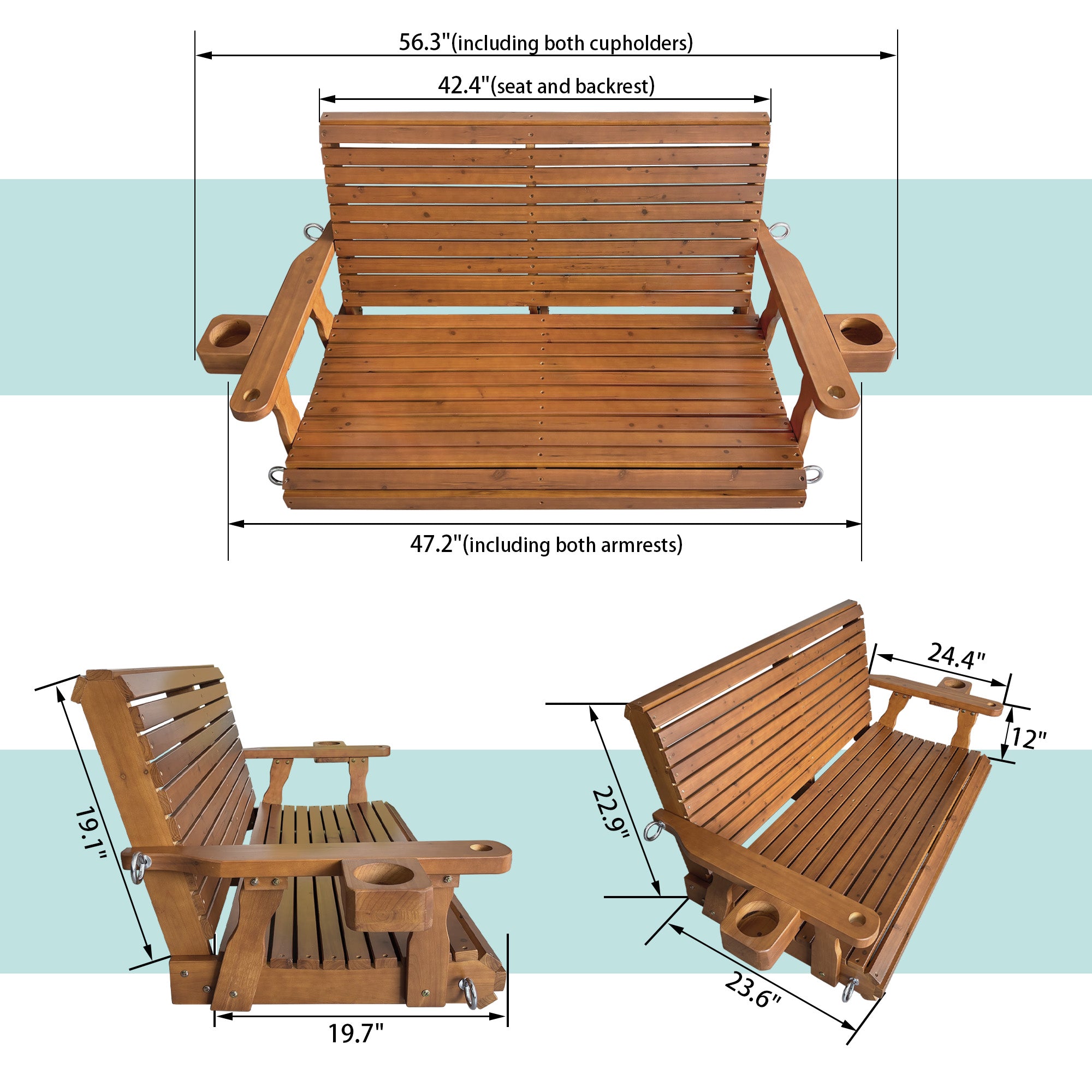 Wooden Porch Swing 2-Seater, High Backrest and Deep Seat, Bench Swing with Cupholders, Hanging Chains and 7mm Springs, Heavy Duty 880 LBS, for Outdoor Patio Garden (Cedar Tone - 4 FT Extra Large)