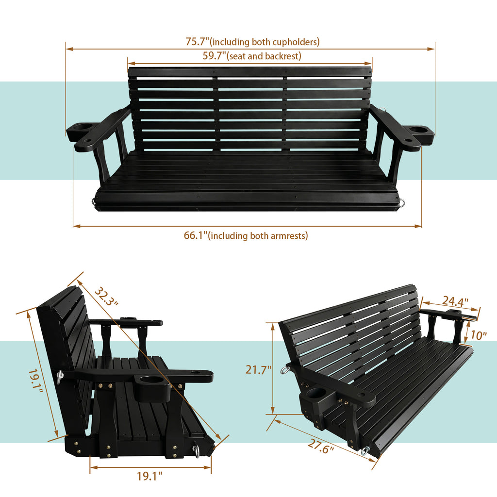 Fortune Candy Extended 3-Seater Wooden Porch Swing with Seat Cushion, Cup Holders, Hanging Chains and 7mm Springs, Heavy Duty 880 LBS (Black, 5.5 FT)