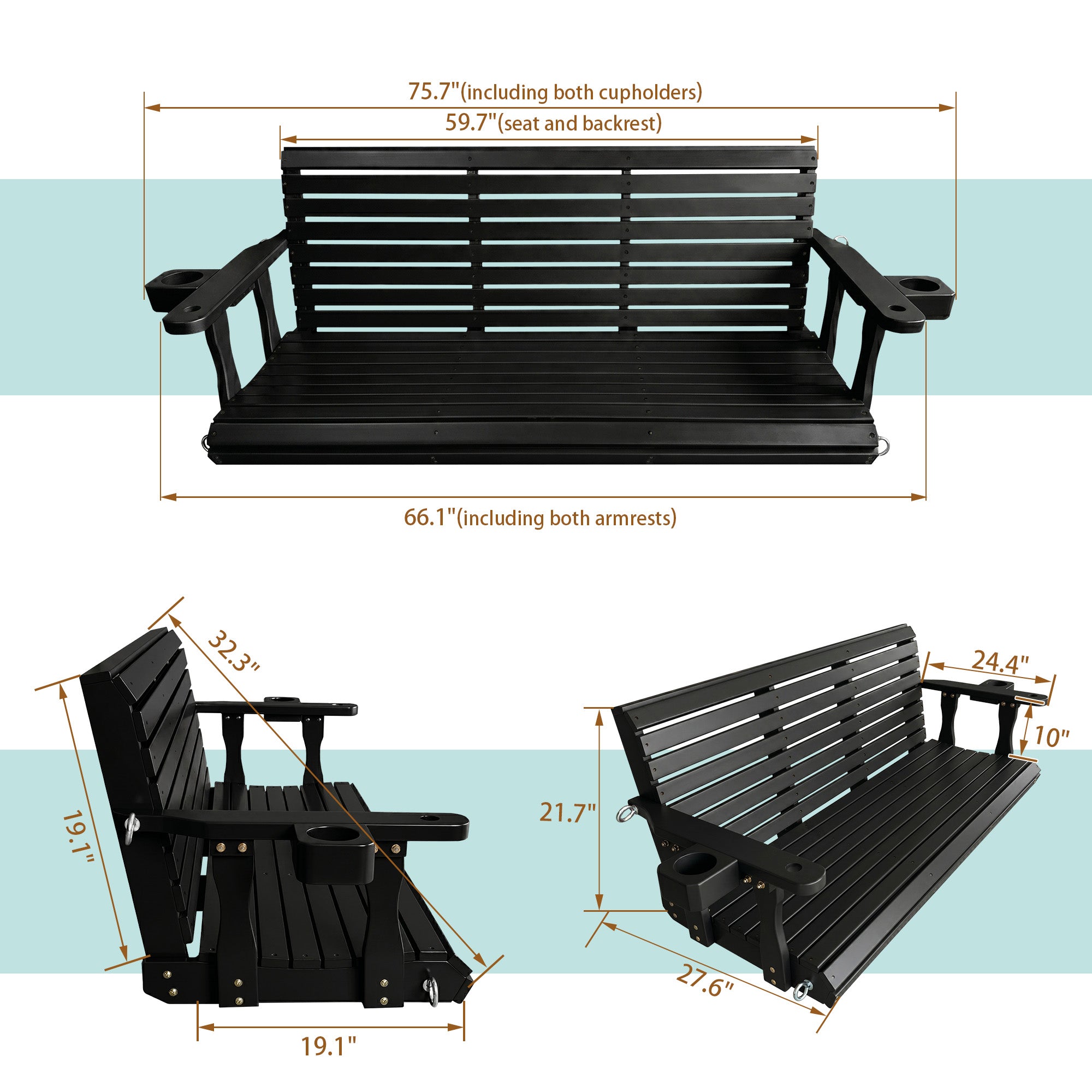Fortune Candy Extended 3-Seater Wooden Porch Swing with Seat Cushion, Cup Holders, Hanging Chains and 7mm Springs, Heavy Duty 880 LBS (Black, 5.5 FT)