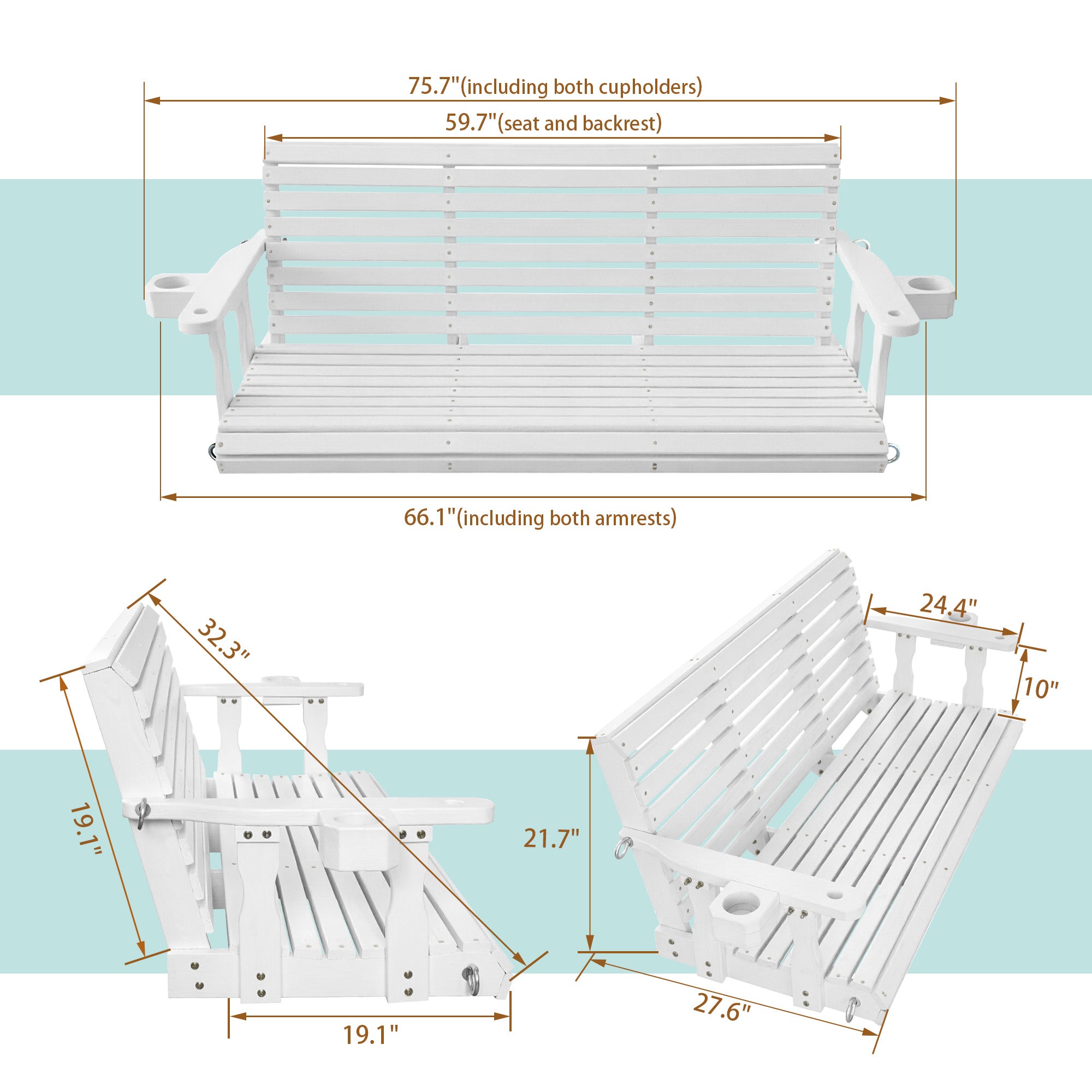 Fortune Candy Extended 3-Seater Wooden Porch Swing with Seat Cushion, Cup Holders, Hanging Chains and 7mm Springs, Heavy Duty 880 LBS (White, 5.5 FT)