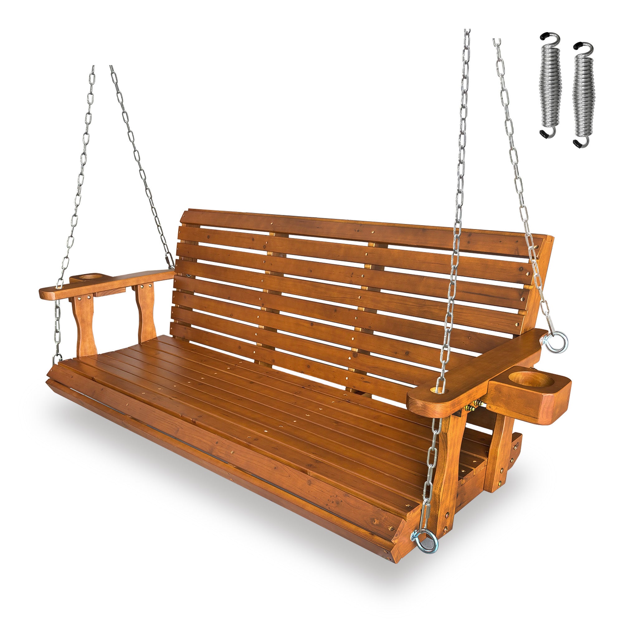 Wooden Porch Swing 2-Seater, Bench Swing with Cupholders, Hanging Chains and 7mm Springs, Heavy Duty 800 LBS, for Outdoor Patio Garden (Warm Teak Color, 5 FT Extra Large)
