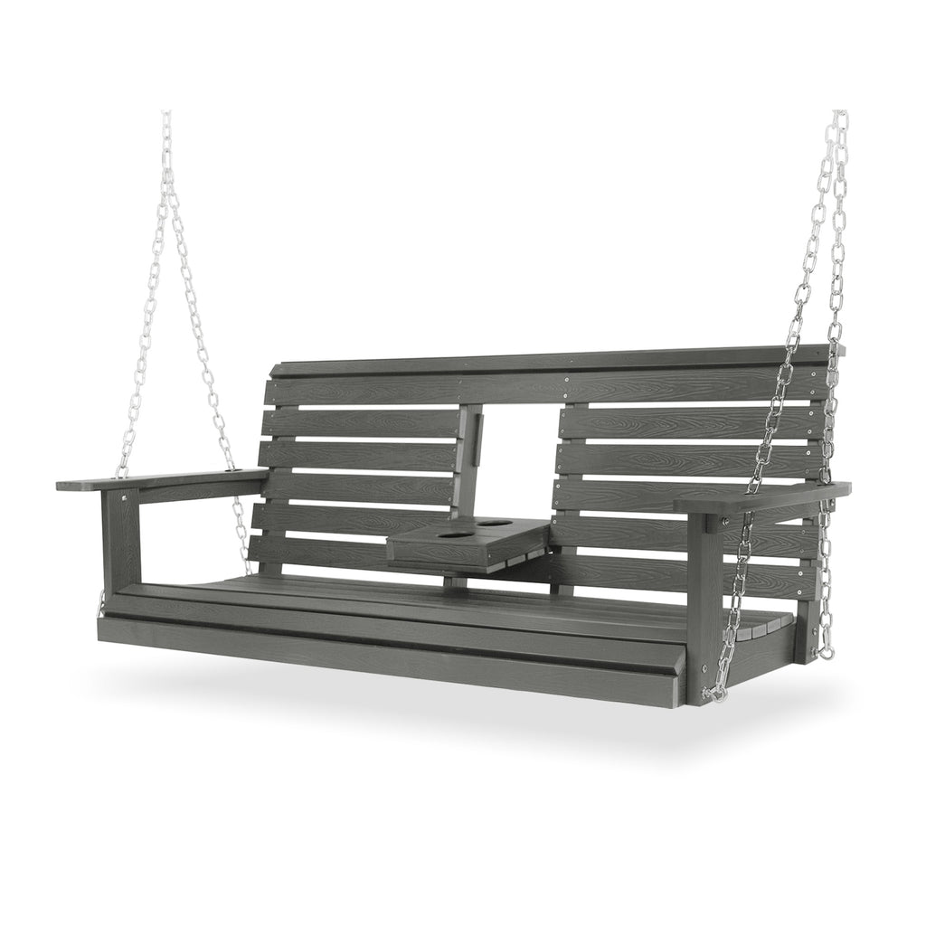 Poly Lumber 3-Seat Porch Swing, HIPS 5-Feet Bench Swing with Foldable Cup Holders,18/8 Stainless Steel Hardware, High Backrest and Deep Contoured Seat (Gray, 5-feet)