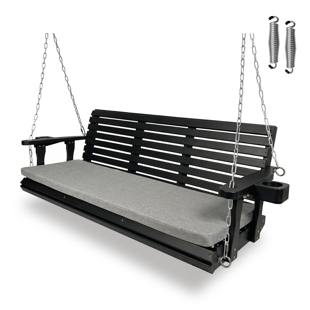 Fortune Candy Extended 3-Seater Wooden Porch Swing with Seat Cushion, Cup Holders, Hanging Chains and 7mm Springs, Heavy Duty 880 LBS (Black, 5.5 FT)
