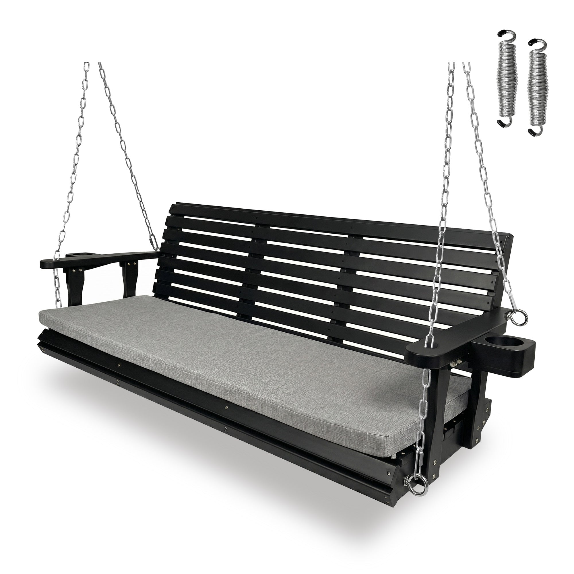 Fortune Candy Extended 3-Seater Wooden Porch Swing with Seat Cushion, Cup Holders, Hanging Chains and 7mm Springs, Heavy Duty 880 LBS (Black, 5.5 FT)