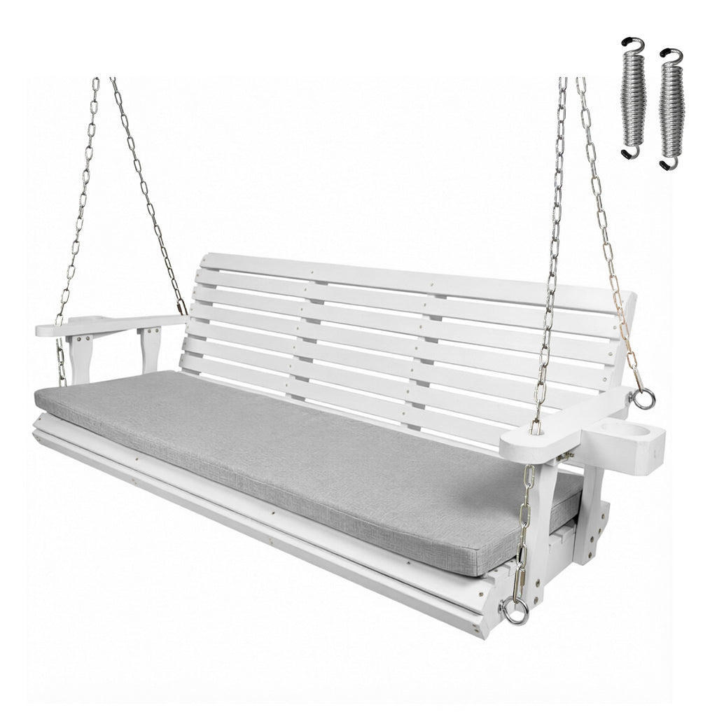 Fortune Candy Extended 3-Seater Wooden Porch Swing with Seat Cushion, Cup Holders, Hanging Chains and 7mm Springs, Heavy Duty 880 LBS (White, 5.5 FT)