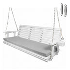 Fortune Candy Extended 3-Seater Wooden Porch Swing with Seat Cushion, Cup Holders, Hanging Chains and 7mm Springs, Heavy Duty 880 LBS (White, 5.5 FT)