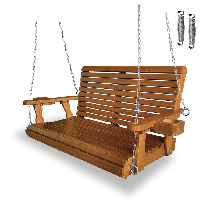 Wooden Porch Swing 2-Seater, High Backrest and Deep Seat, Bench Swing with Cupholders, Hanging Chains and 7mm Springs, Heavy Duty 880 LBS, for Outdoor Patio Garden (Cedar Tone - 4 FT Extra Large)
