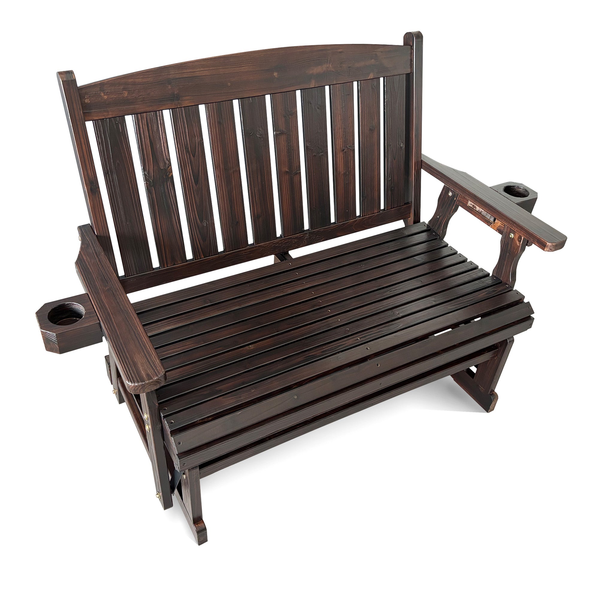 Fortune Candy Wooden Patio Glider, with Cup Holders, High Back and Deep Contoured Seat, Solid Fir Wood, Heavy Duty 800 LBS (Deep Brown, 2-Seater)