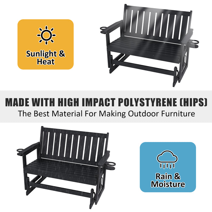 Poly Lumber Patio Glider, HIPS Material Weather-Resistant Swing Bench for Outdoor Porch Garden (Black, 2-Seater)