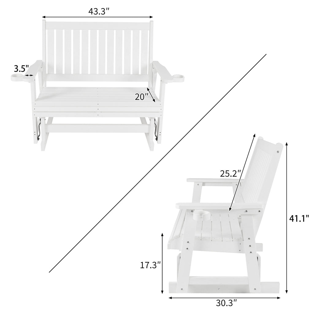 HIPS Patio Glider with Cup Holders, Durable Poly Lumber Material, All-Weather Resistant, High Backrest and Deep Contoured Seat, Heavy Duty 900 LB, for Outdoor, Porch, Patio (White, 2-Seat)