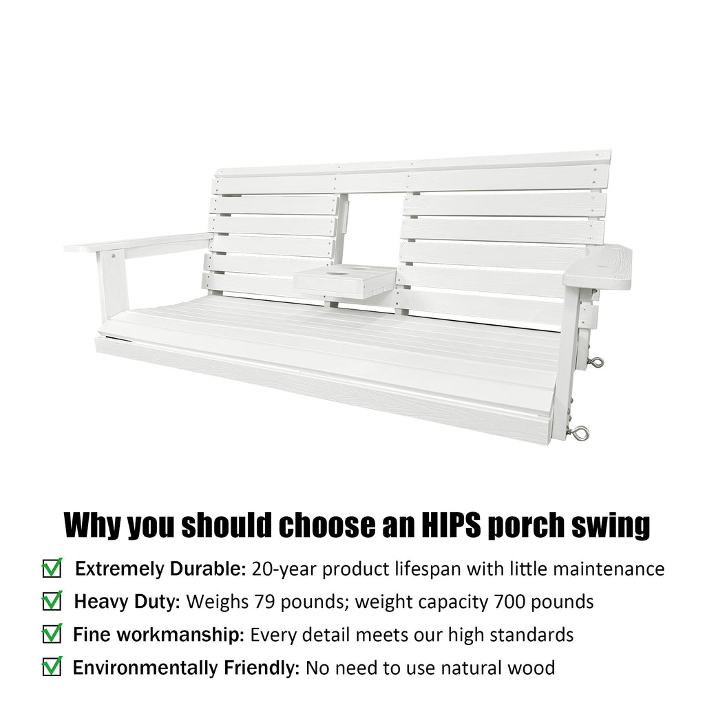 Poly Lumber 3-Seat Porch Swing, HIPS 5-Feet Bench Swing with Foldable Cup Holders,18/8 Stainless Steel Hardware, High Backrest and Deep Contoured Seat, Snow White
