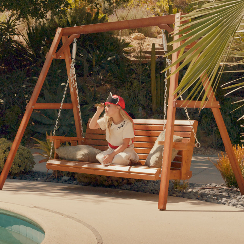 Wooden Porch Swing 2-Seater, Bench Swing with Cupholders, Hanging Chains and 7mm Springs, Heavy Duty 800 LBS, for Outdoor Patio Garden (Warm Teak Color, 5 FT Extra Large)