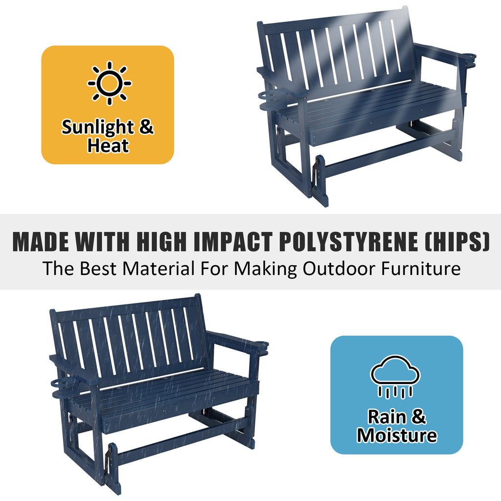 Poly Lumber Patio Glider, HIPS Material Weather-Resistant Swing Bench for Outdoor Porch Garden (Navy Blue, 2-Seater)