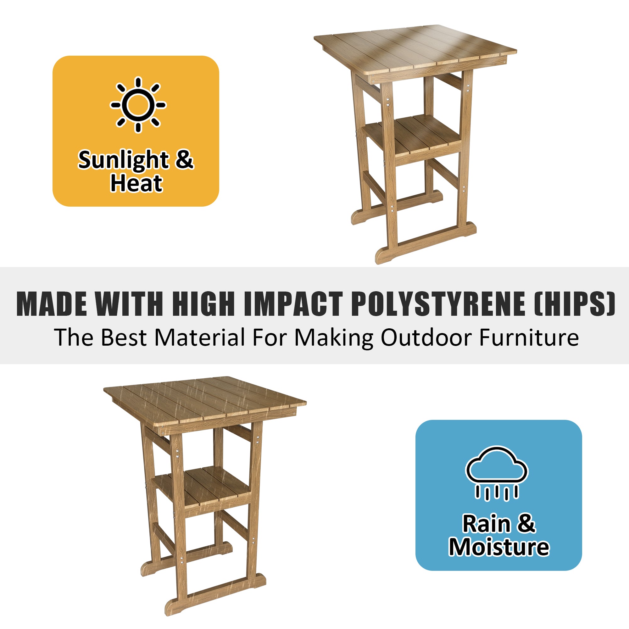Poly Lumber Patio Bar Table, HIPS, Weather Resistant, for Outdoor, Poolside, Garden, Yard, Balcony (1 Piece, Teak Tone)