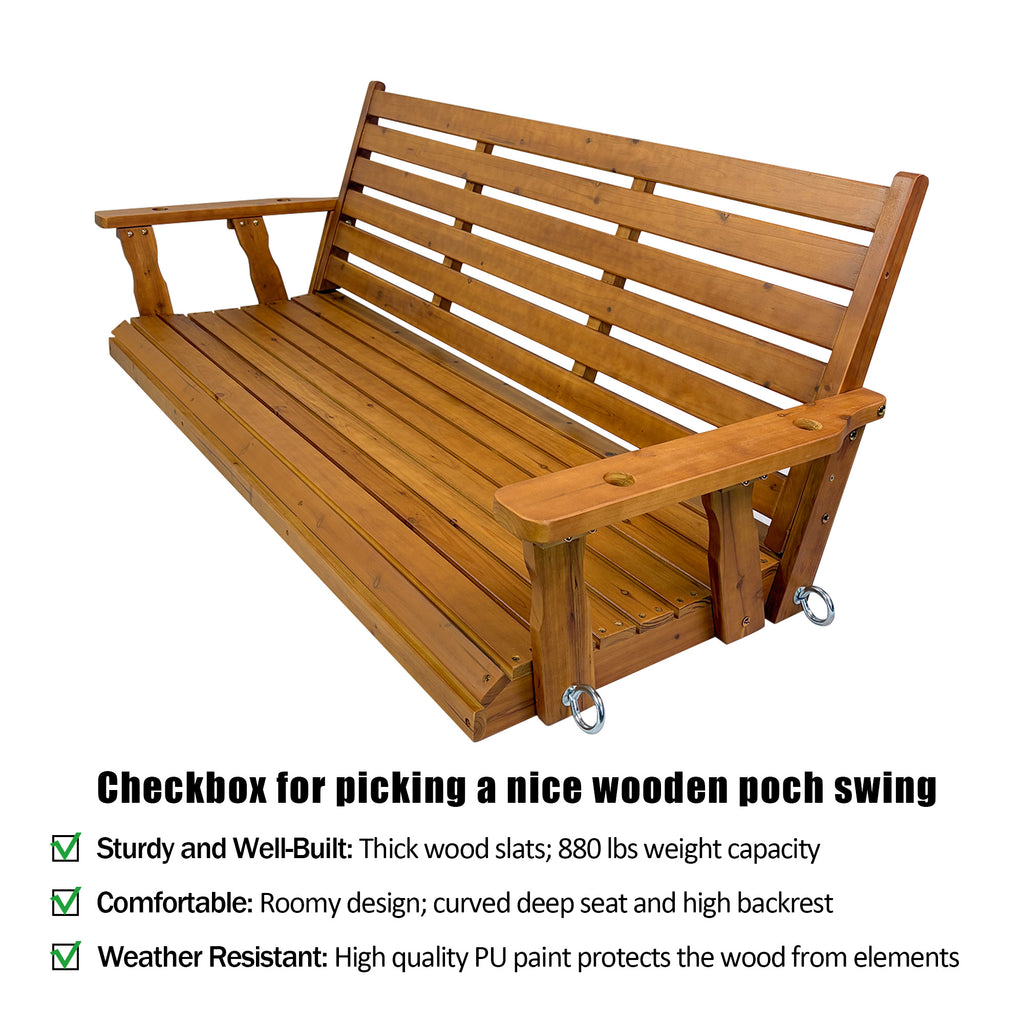 Wooden Porch Swing, Ergonomic Seat, Bench Swing with Hanging Chains and 7mm Springs, Heavy Duty 800 LBS, for Outdoor Patio Garden Yard (Warm Teak Color, 3-Seater Extra Large)