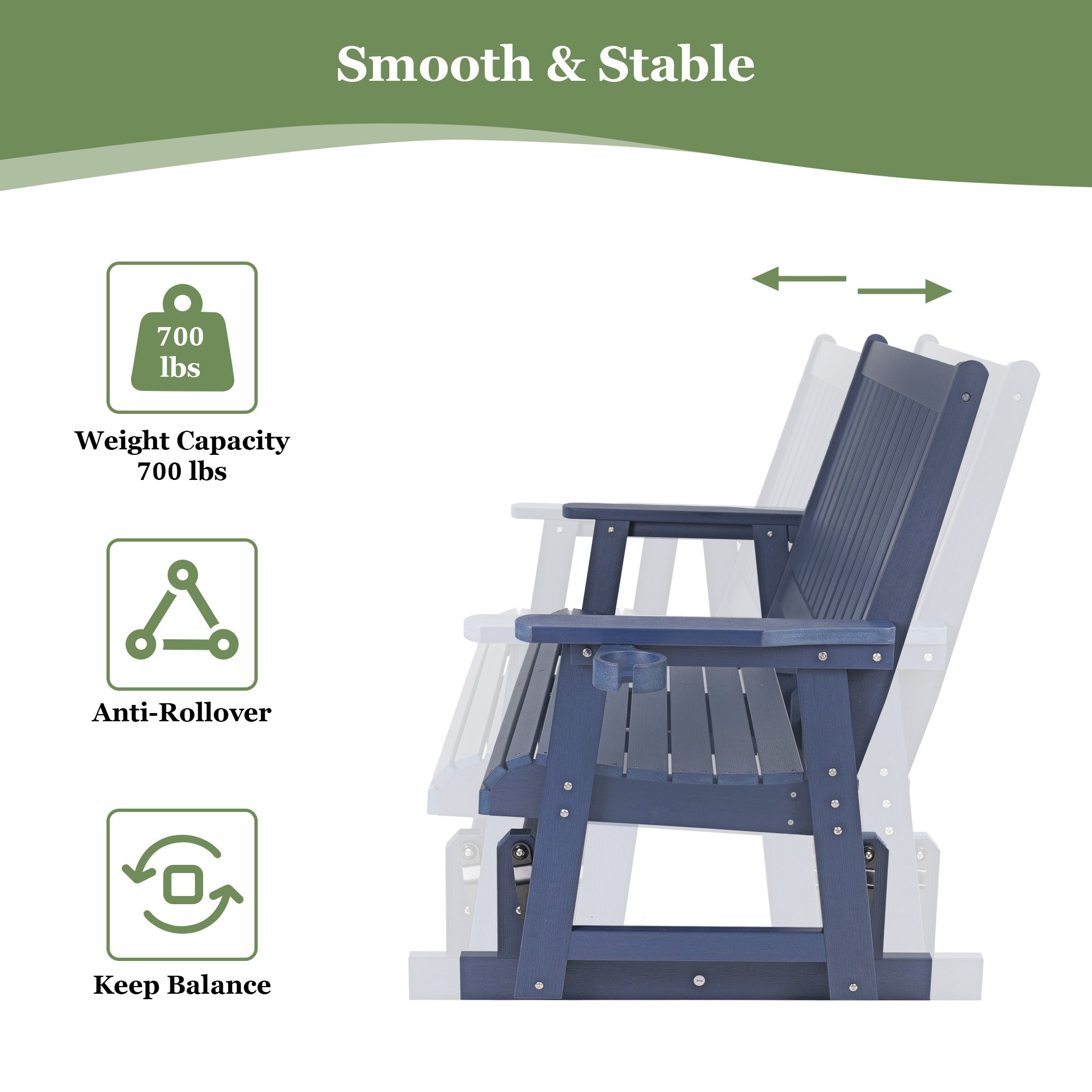 HIPS Patio Glider with Cup Holders, Durable Poly Lumber Material, All-Weather Resistant, High Backrest and Deep Contoured Seat, Heavy Duty 900 LB, for Outdoor, Porch, Patio (Navy Blue, 2-Seat)