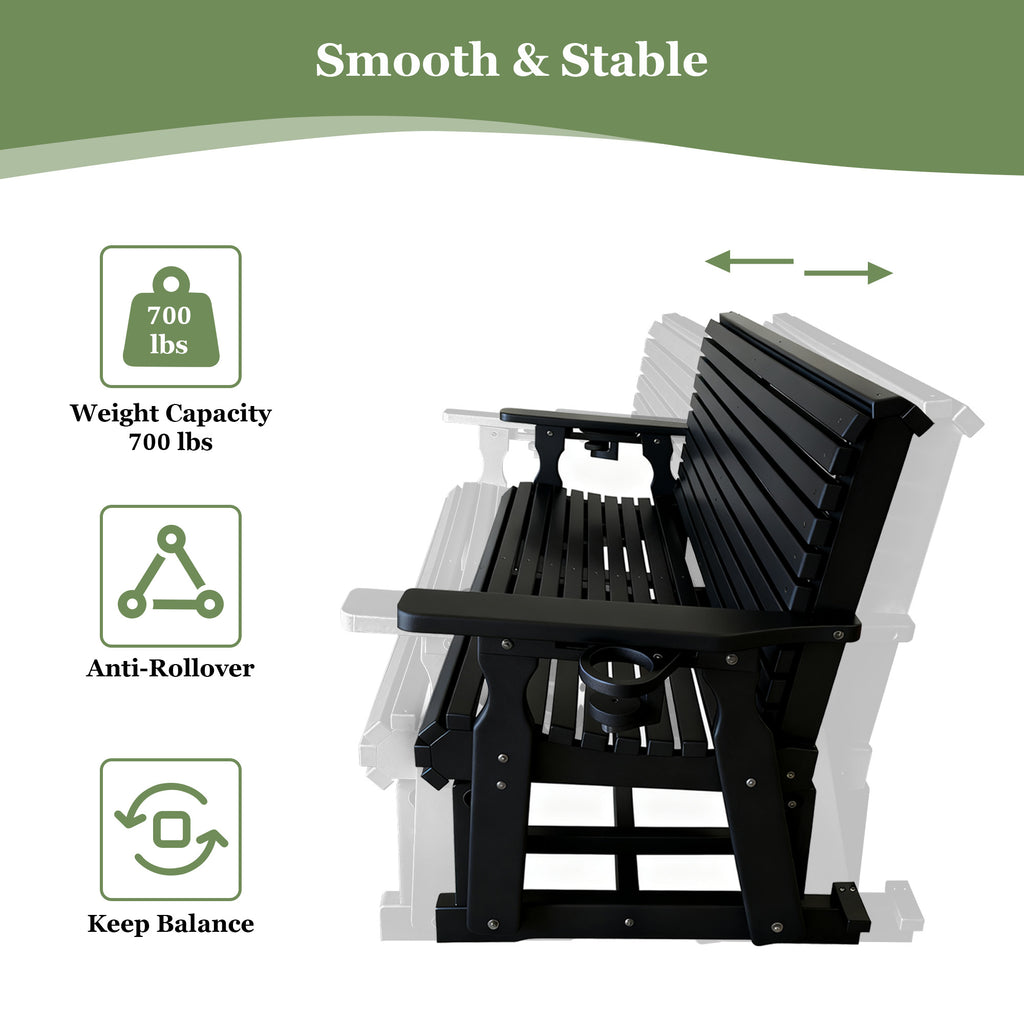 HDPE Patio Glider, Poly Lumber Weather-Resistant Outdoor Glider Bench, for Patio, Porch, Yard, Black