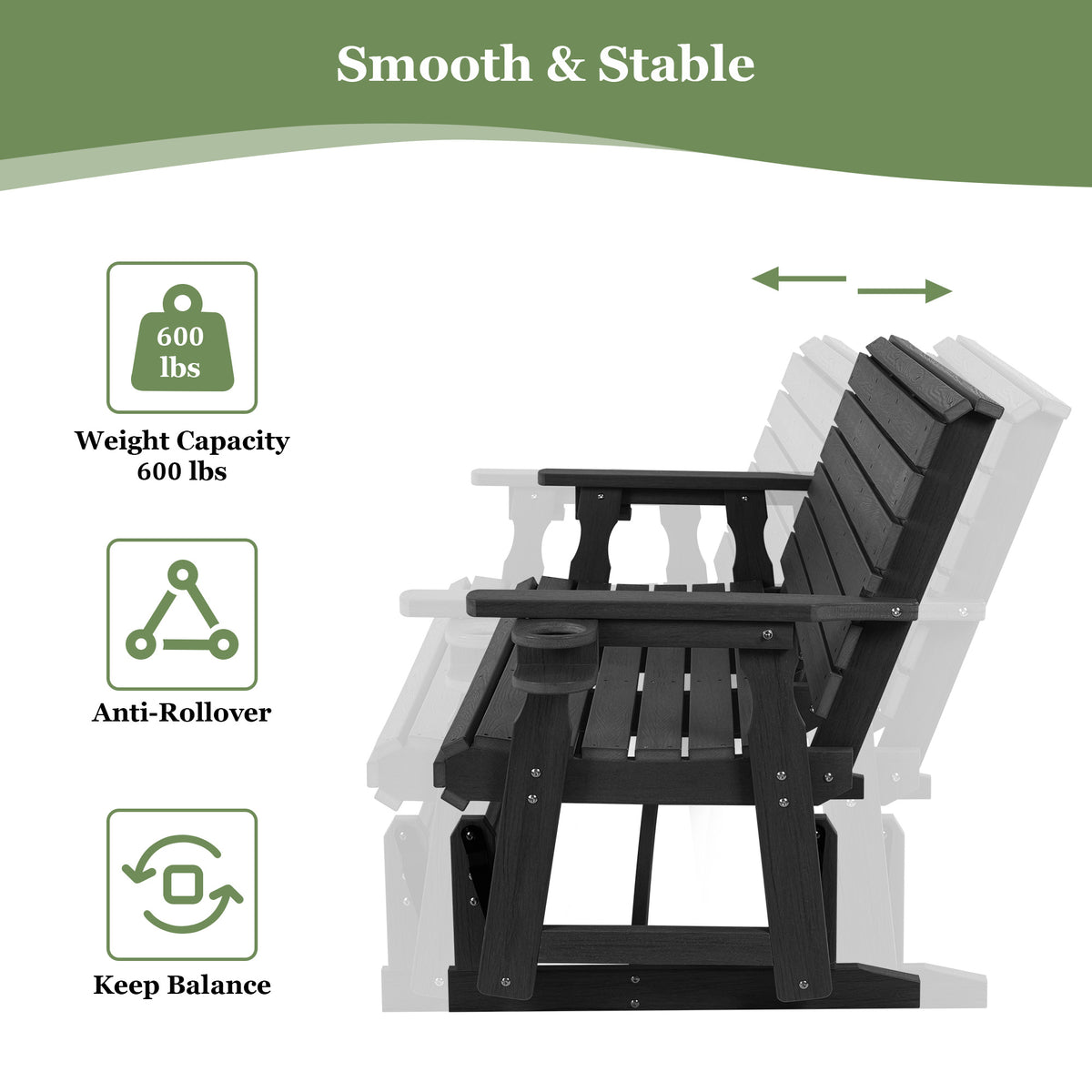 HDPE Patio Glider, Poly Lumber Weather-Resistant Outdoor Glider Bench, for Patio, Porch, Yard,  (Black, 2-Seater)