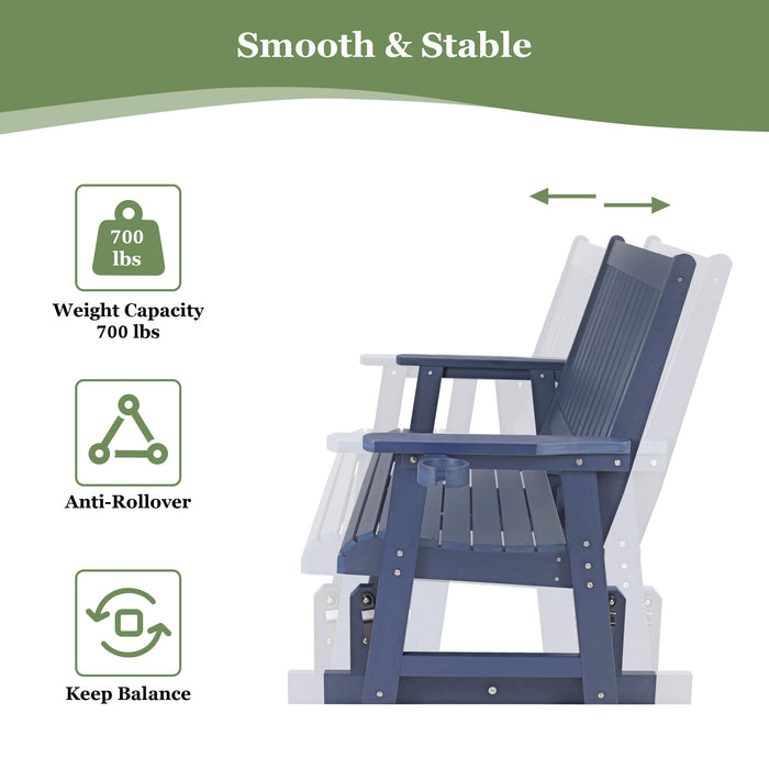 HIPS Patio Glider with Cup Holders, Durable Poly Lumber Material, All-Weather Resistant, High Backrest and Deep Contoured Seat, Heavy Duty 900 LB, for Outdoor, Porch, Patio (Navy Blue, 2-Seat)