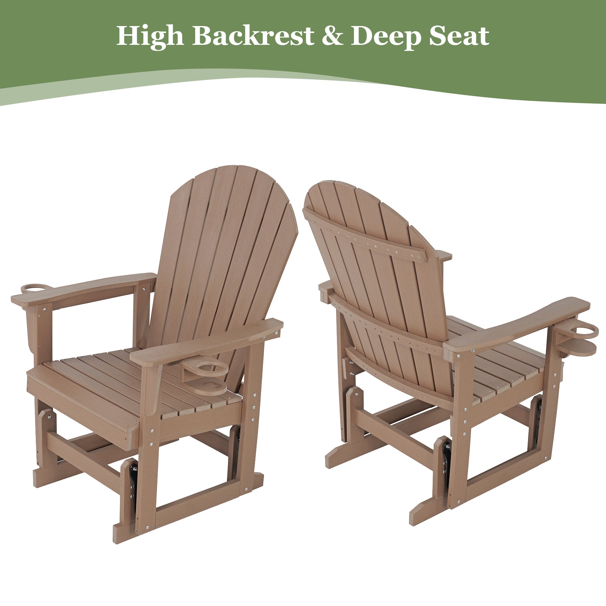 HDPE Patio Glider with Cup Holders, Curved High Backrest and Deep Seat, All-Weather Resistant, Heavy Duty 500 Pounds (Brown, 1-Seat)