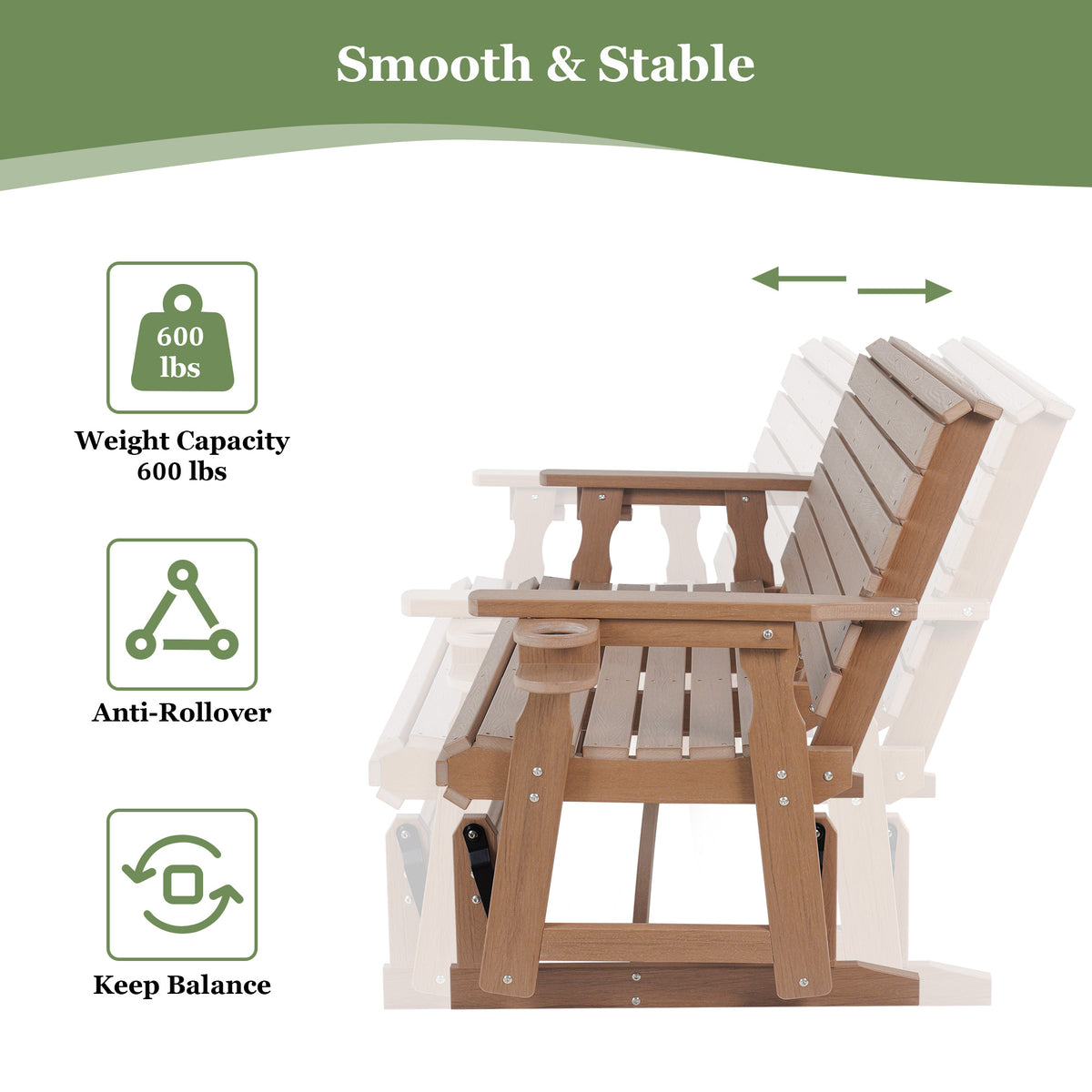 HDPE Patio Glider, Poly Lumber Weather-Resistant Outdoor Glider Bench, for Patio, Porch, Yard,  (Brown, 2-Seater)