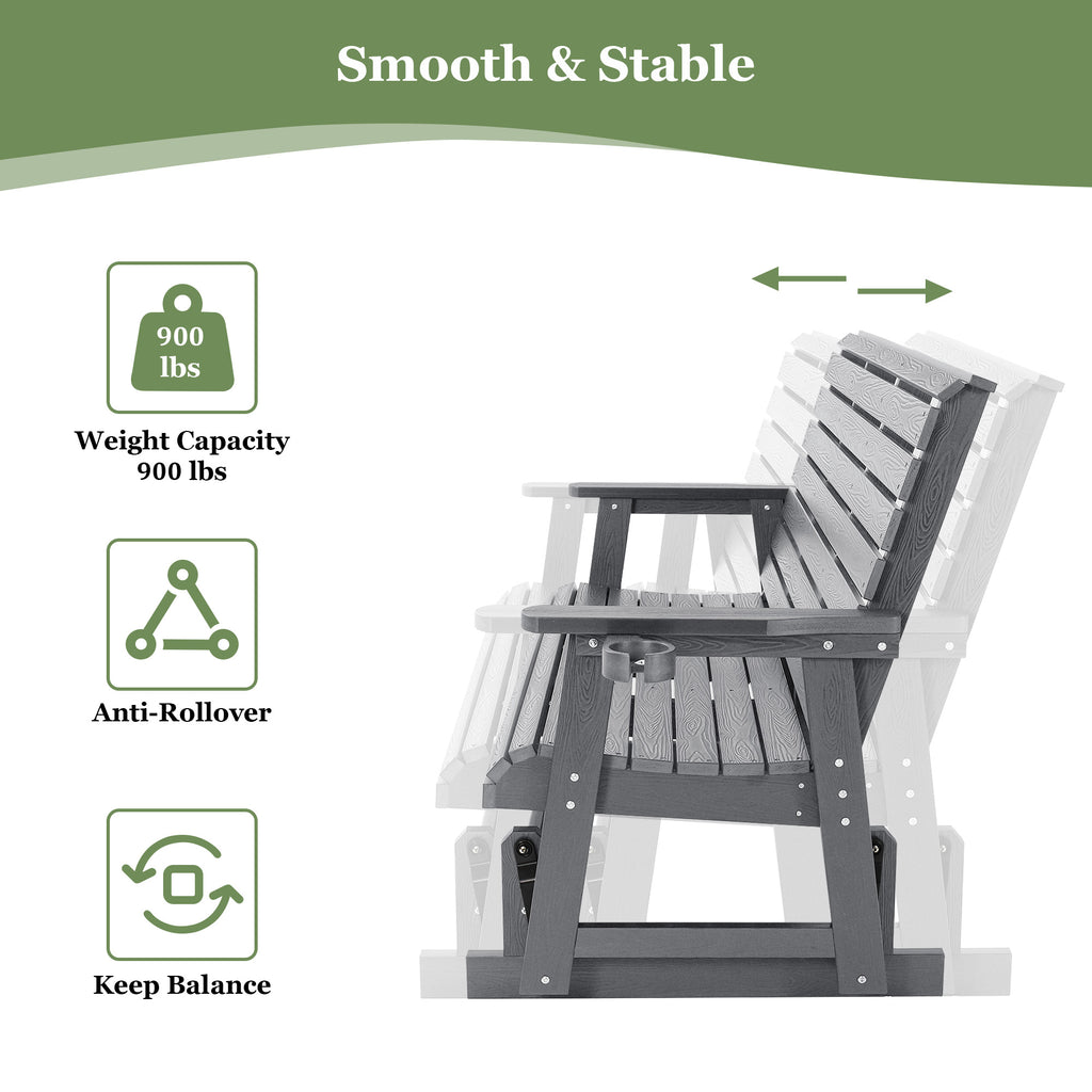 HIPS Patio Glider with Cup Holders, Durable Poly Lumber Material, All-Weather Resistant, High Backrest and Deep Contoured Seat, Ladder Back, Heavy Duty 900 LB, for Outdoor, Patio (Gray, 3-Seat)