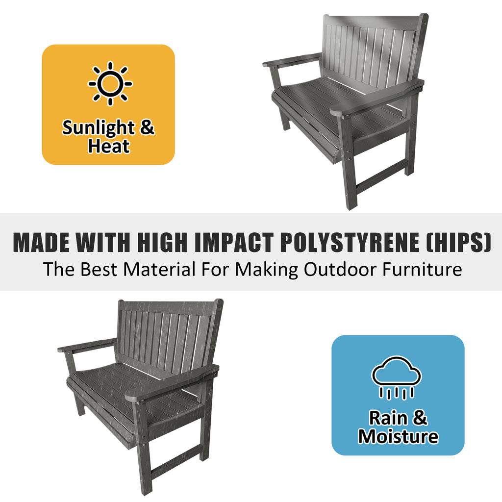 Poly Lumber Outdoor Bench, HIPS All-Weather Bench, Never Rots or Fades, for Patio, Porch, Garden and Park, 700 lbs Weight Capacity (Gray, 44-inch)