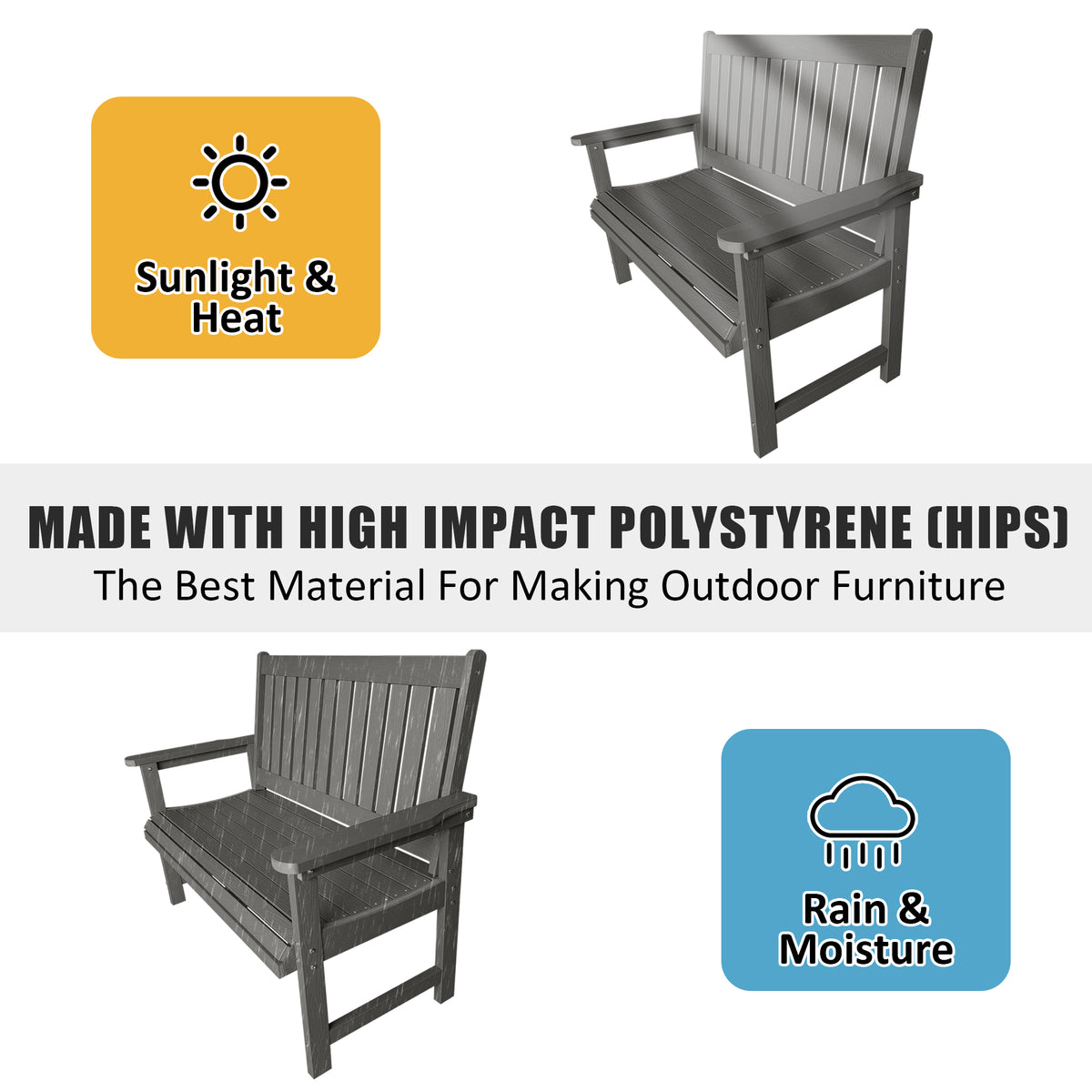 Poly Lumber Outdoor Bench, HIPS All-Weather Bench, Never Rots or Fades, for Patio, Porch, Garden and Park, 700 lbs Weight Capacity (Gray, 44-inch)