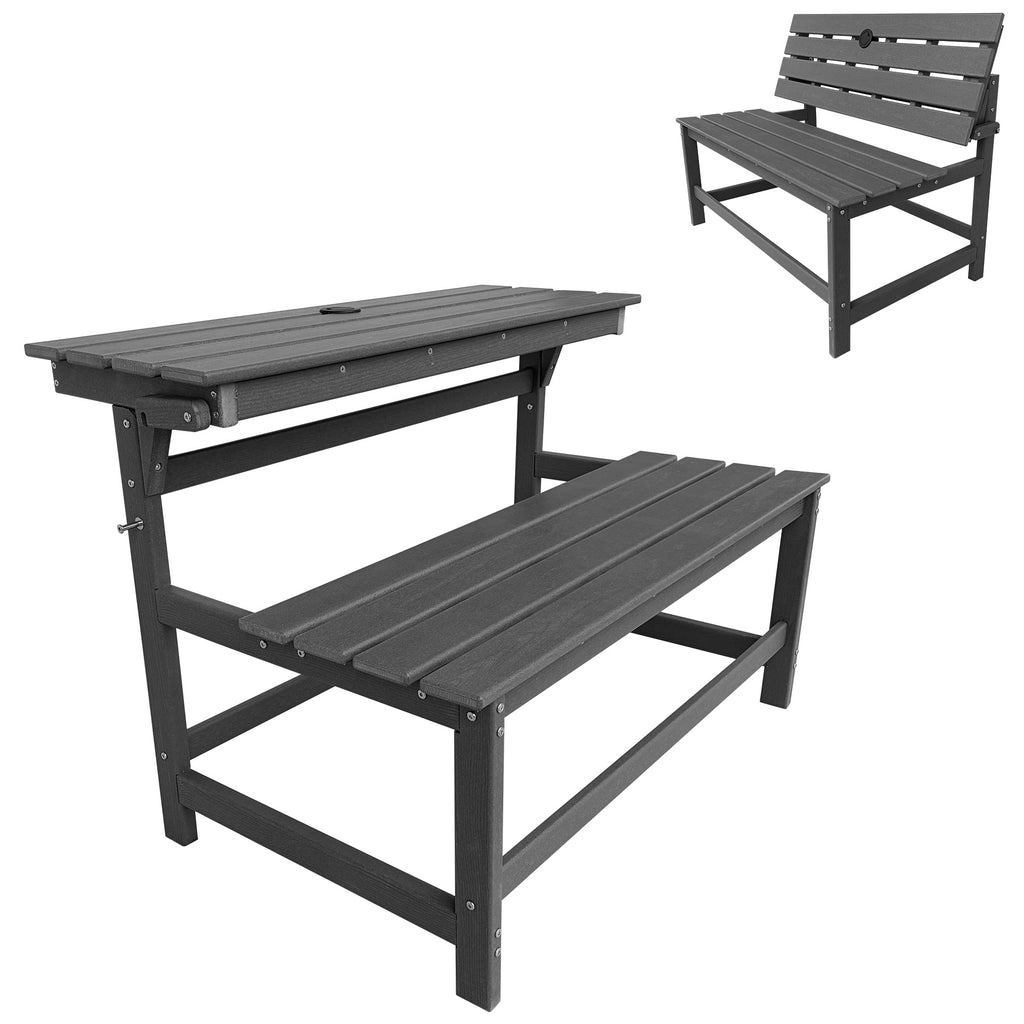 HDPE Convertible Bench Dinning Table with Umbrella Hole for Garden,Patio,Backyard
