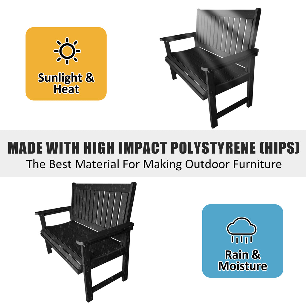 Poly Lumber Outdoor Bench, HIPS All-Weather Bench, Never Rots or Fades, for Patio, Porch, Garden and Park, 700 lbs Weight Capacity (Black, 44-inch)