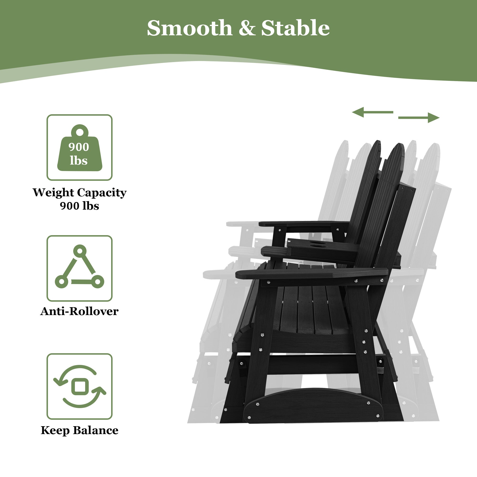 HIPS Patio Glider with Foldable Cup Holders, Durable Poly Lumber Material, All-Weather Resistant, High Backrest and Deep Contoured Seat, Heavy Duty 900 LB, for Outdoor, Porch, Patio (Black, 3-Seat)