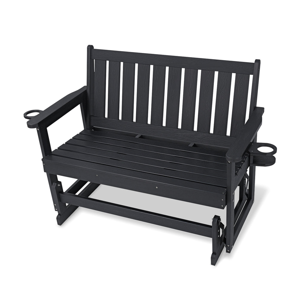 Poly Lumber Patio Glider, HIPS Material Weather-Resistant Swing Bench for Outdoor Porch Garden (Black, 2-Seater)
