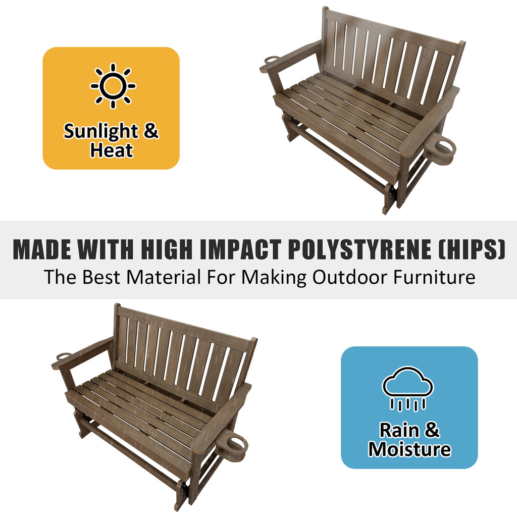 Poly Lumber Patio Glider, HIPS Material Weather-Resistant Swing Bench for Outdoor Porch Garden, Deep Brown