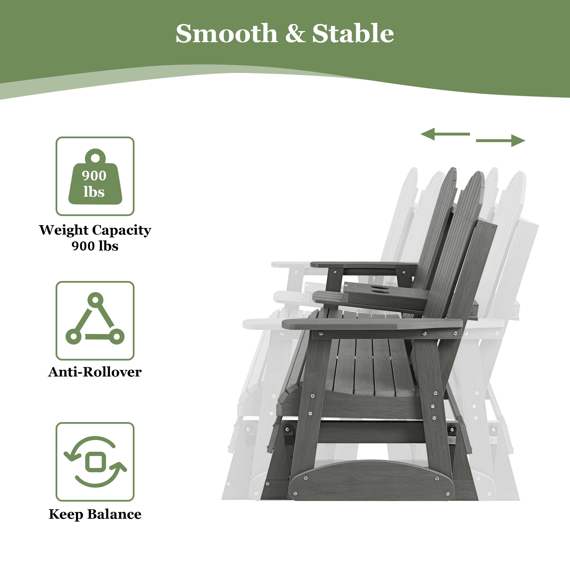 HIPS Patio Glider with Foldable Cup Holders, Durable Poly Lumber Material, All-Weather Resistant, High Backrest and Deep Contoured Seat, Heavy Duty 900 LB, for Outdoor, Porch, Patio (Gray, 3-Seat)