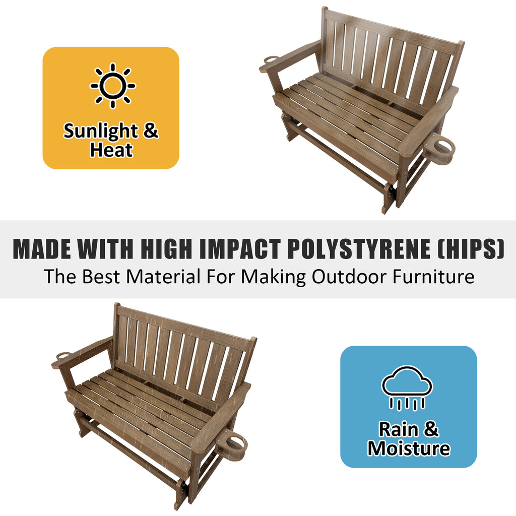 Poly Lumber Patio Glider, HIPS Material Weather-Resistant Swing Bench for Outdoor Porch Garden, Deep Brown