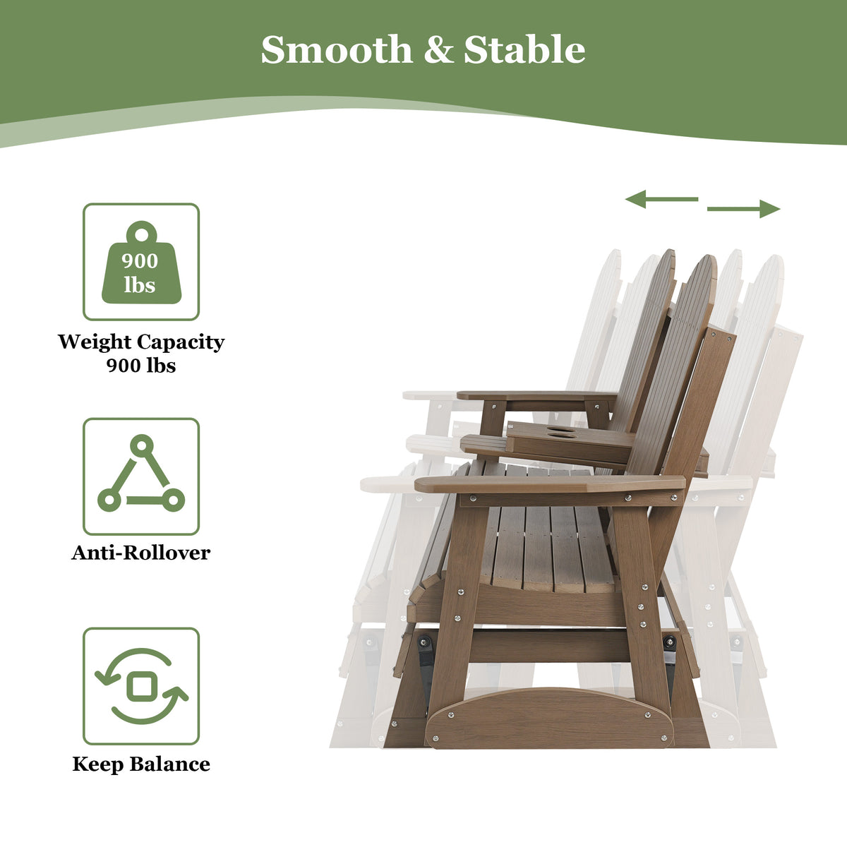HIPS Patio Glider with Foldable Cup Holders, Durable Poly Lumber Material, All-Weather Resistant, High Backrest and Deep Contoured Seat, Heavy Duty 900 LB, for Outdoor, Porch, Patio (Brown, 3-Seat)