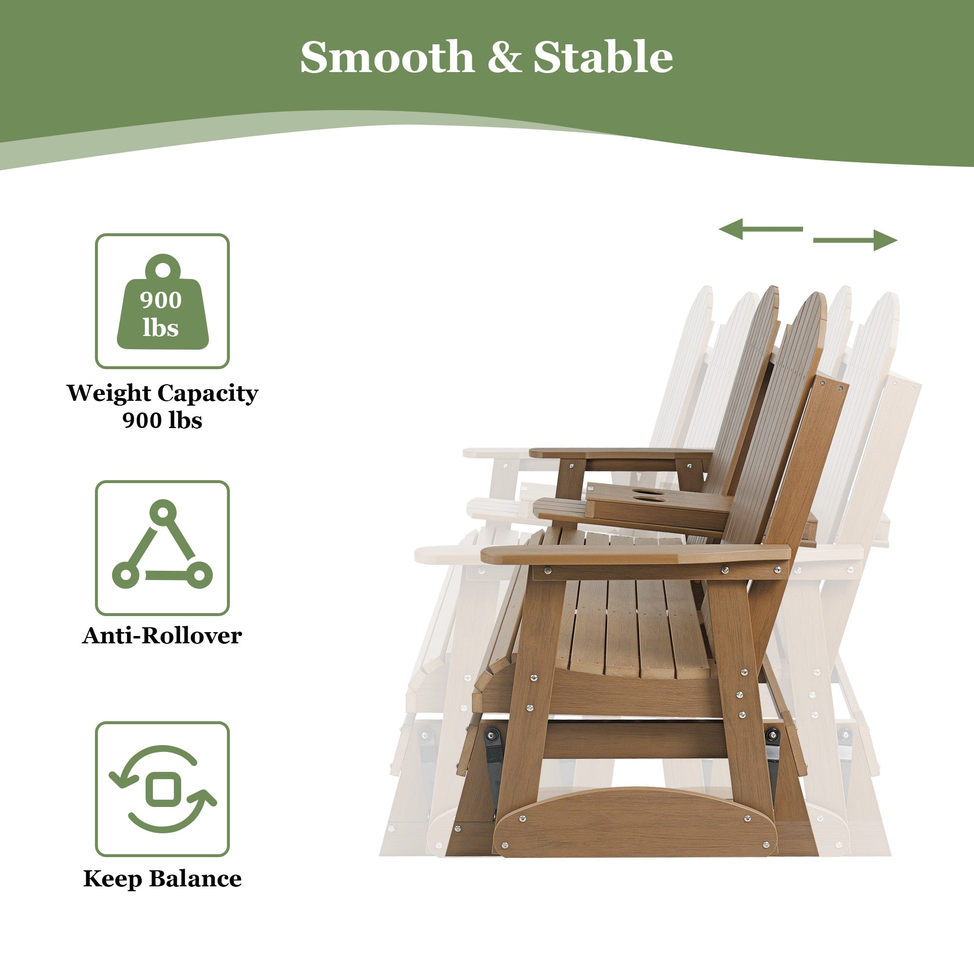 HIPS Patio Glider with Foldable Cup Holders, Durable Poly Lumber Material, All-Weather Resistant, High Backrest and Deep Contoured Seat, Heavy Duty 900 LB, for Outdoor, Porch, Patio (Brown, 3-Seat)