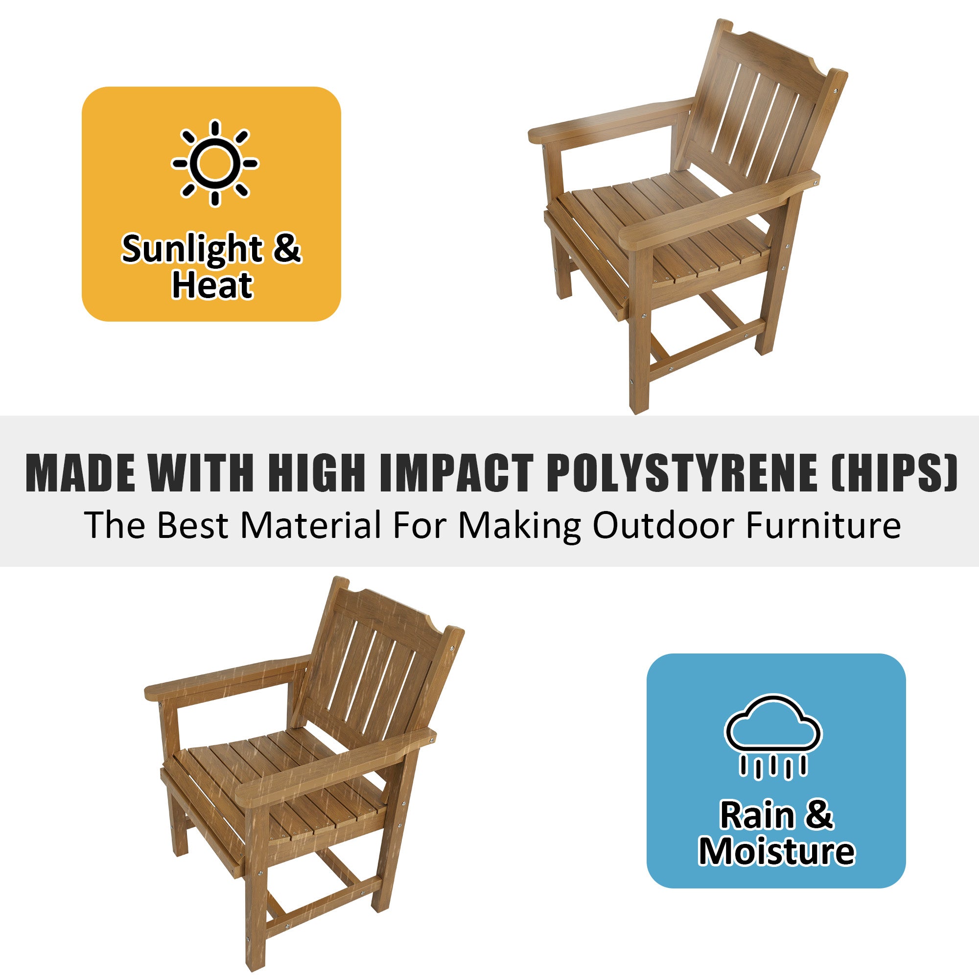 Poly Lumber Patio Dining Chair Set of Two, HIPS Outdoor Dining Chairs, Weather Resistant, Slat Back (2 Piece, Teak Tone)